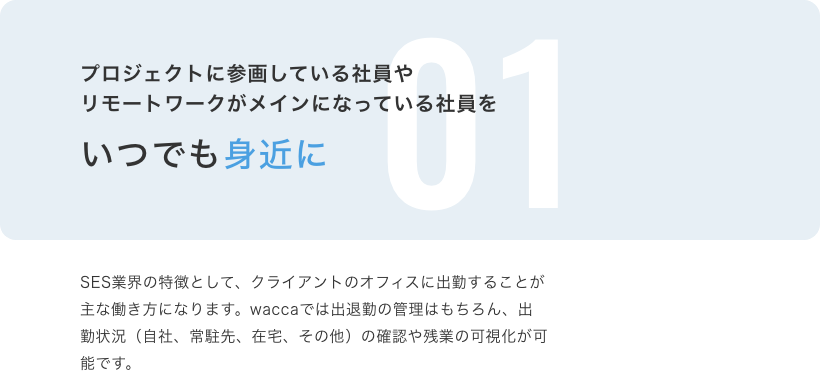 プロジェクトに参画している社員やリモートワークがメインになっている社員をいつでも身近に SES業界の特徴として、クライアントのオフィスに出勤することが主な働き方になります。waccaでは出退勤の管理はもちろん、出勤状況（自社、常駐先、在宅、その他）の確認や残業の可視化が可能です。